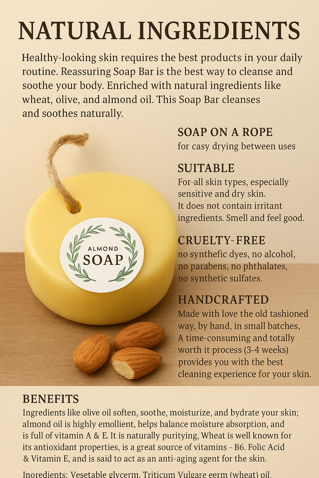 Reassuring Soap Bar. Wheat, Olive, and Almond Oil.